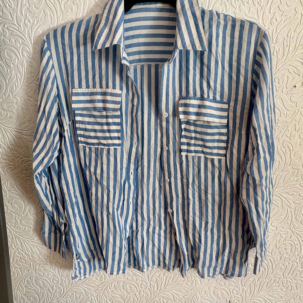 50% cotton Blue and White Striped Womens Button-Up Shirt